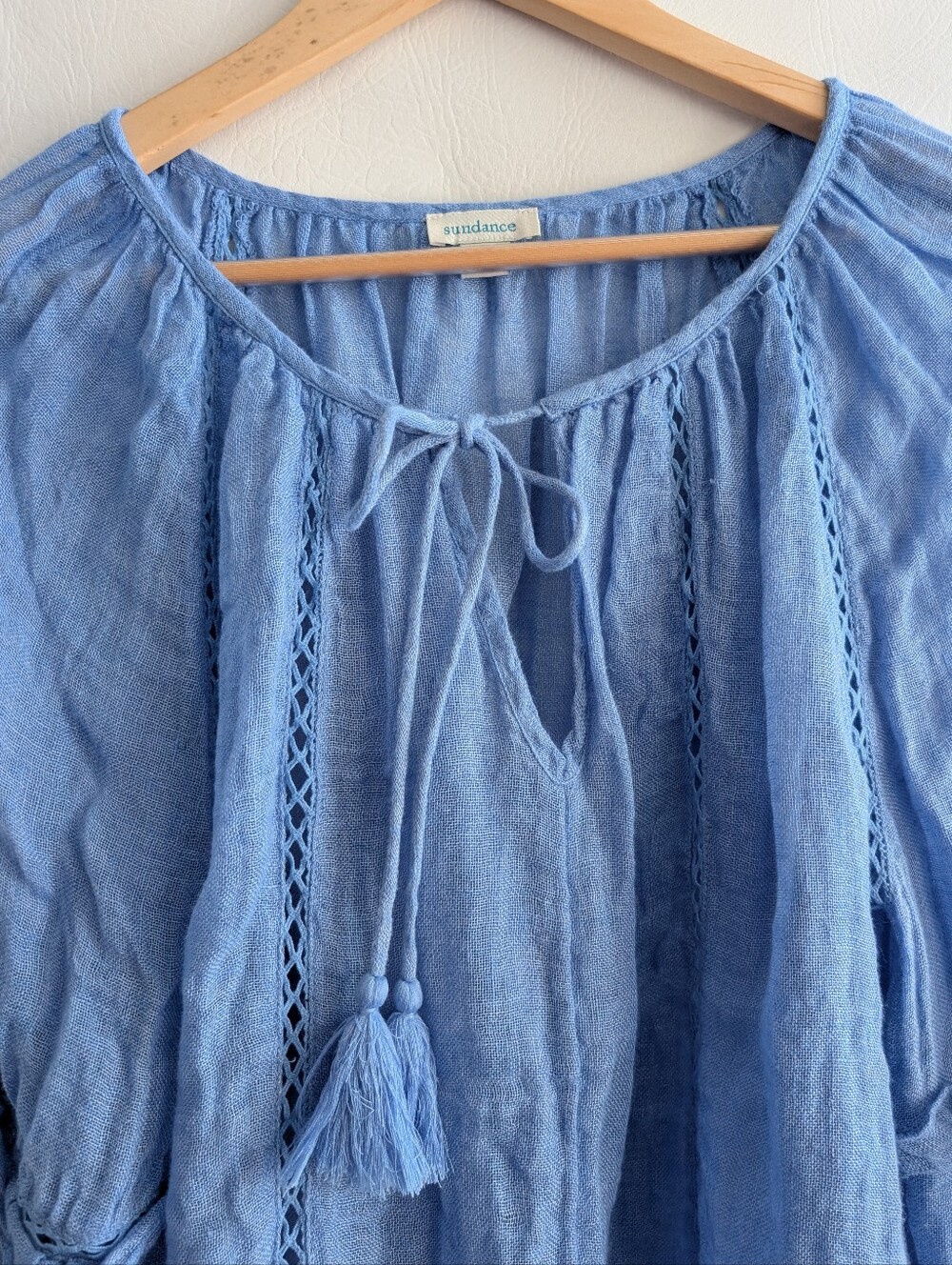 Sundance Linen Light Blue Boho Tassel Peasant Blouse - M - Picture 3 of 14